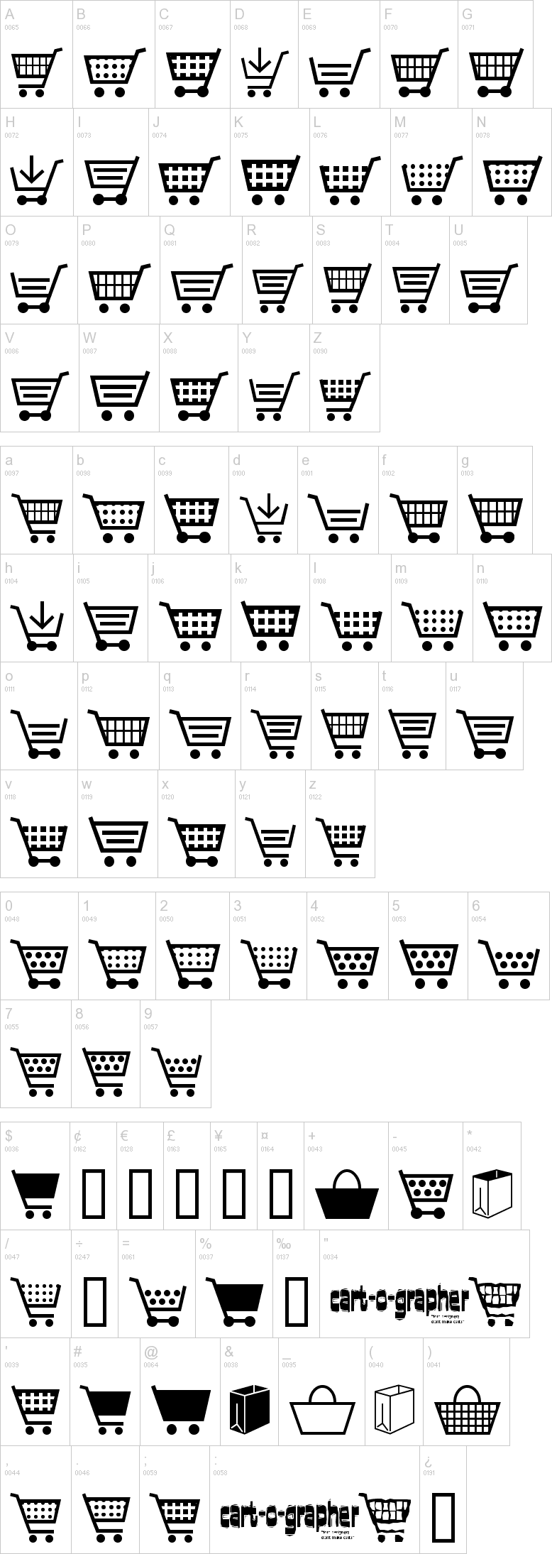 ショッピングカート（買い物カゴ）の無料フリーフォント『CartOGrapher』デザインサンプル