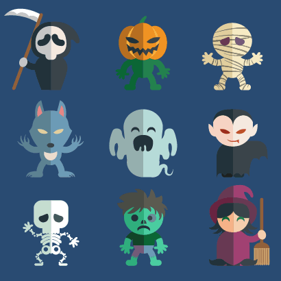 フラットデザインのハロウィンキャラクター