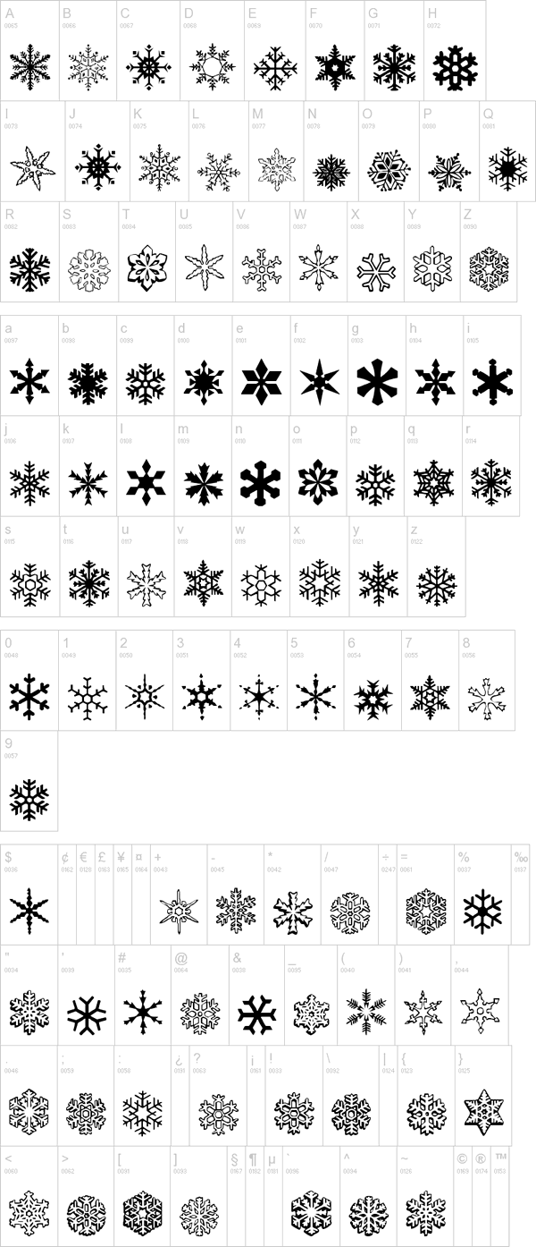 雪の結晶の無料フリーフォント『WWFlakes』デザインサンプル