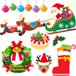 クリスマス(サンタクロース/トナカイ/ツリー/リース/ケーキ/プレゼント)の無料フリーイラスト素材