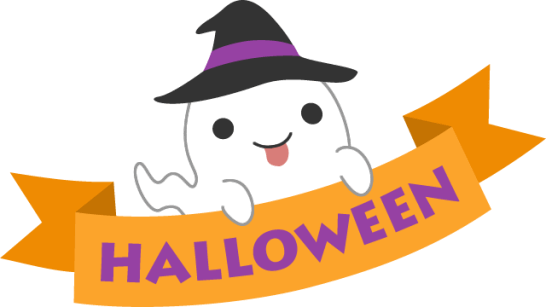 HALLOWEENのリボンを持った可愛いおばけのイラスト