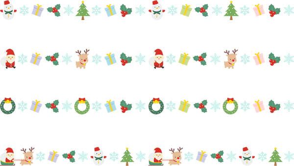 クリスマスのライン飾り罫線イラスト（サンタ/トナカイ/ツリー/リース/雪だるま/プレゼント/柊）