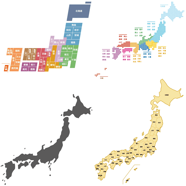 日本地図(デザインマップ/白地図/シルエット地図)の無料イラスト素材
