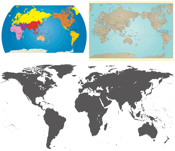 世界地図(デザインマップ/白地図/シルエット地図)の無料イラスト素材