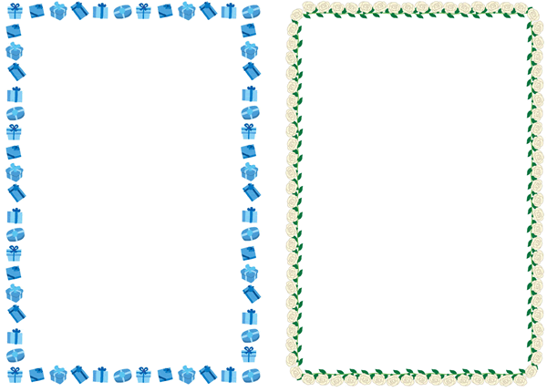 プレゼント箱と白いバラのかわいいフレーム飾り枠イラスト無料素材