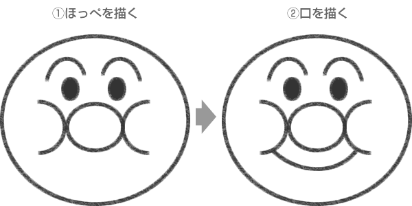 STEP3アンパンマンのほっぺたと口を描く