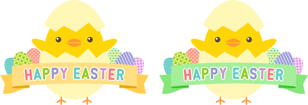 HAPPY EASTERの見出し文字が入ったリボンとかわいいヒヨコの無料イラスト