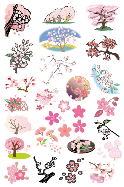 色んなデザインの桜の木･桜の花の無料ベクターイラスト