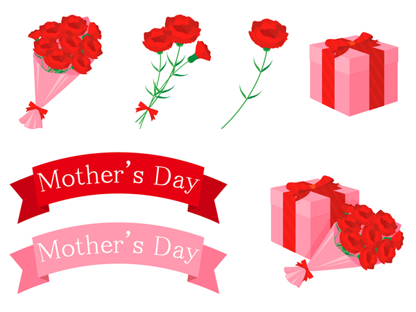 カーネーションの花束やギフトボックス、リボンなど母の日モチーフの無料イラストセット