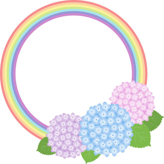 虹とアジサイの丸型フレーム枠イラスト