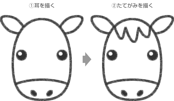 馬の耳とたてがみを描く