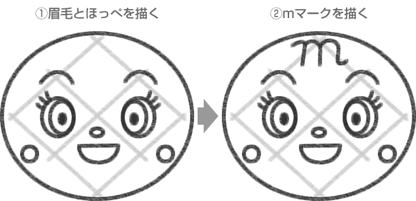 メロンパンナちゃんの眉毛・ほっぺ・mマークを描く