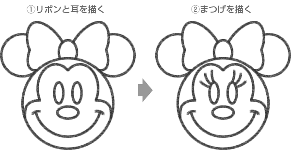 STEP.3ミニーマウスの耳・リボン・まつげを描く