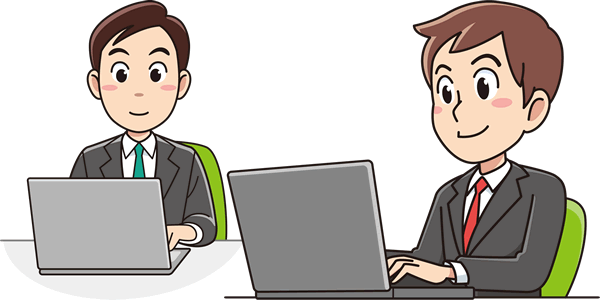ノートパソコンを使うビジネスマンのアニメキャラクター風イラスト