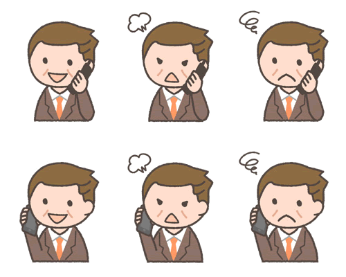 携帯電話・スマートフォンで通話する中年ビジネスマンの表情イラスト