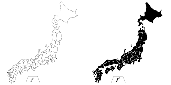 日本地図の白黒イラスト（都道府県別の境界線入り）